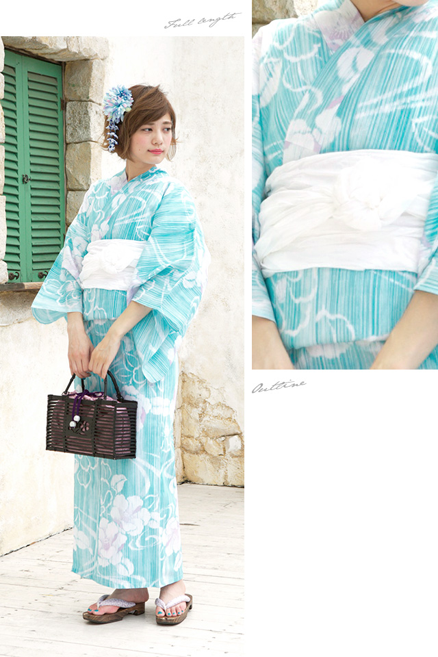 浴衣セット レディース レトロ 浴衣セット 大人 3点セット 水色 ブルー