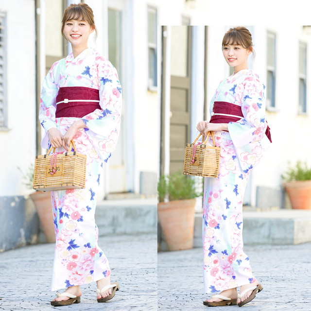 浴衣セット レディース 浴衣セット 作り帯 大人 2点セット（浴衣/帯） 白 アイボリー ピンク 赤紫 梅 牡丹 花 ラメ 綿 夏 花火大会 ボヌールセゾン フリー z1-brand817ok_2.jpg