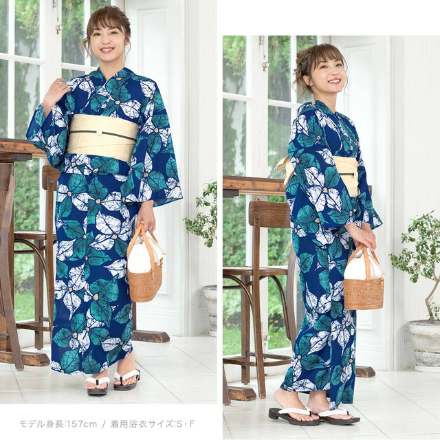 即納【レディース浴衣3点セット】青系/緑/山法師/花/変わり織り/30代/40代/女性/大人/S・フリー/送料無料 即納【レディース浴衣3点セット】青系/緑/山法師/花/変わり織り/30代