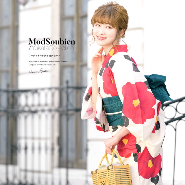 浴衣セット レディース レトロ 浴衣セット 大人 3点セット ホワイト 白 レッド 赤 椿 ツバキ 花 フラワー 綿 夏祭り 花火大会 女性用 S・フリー z1-ykt0184ad_1.jpg