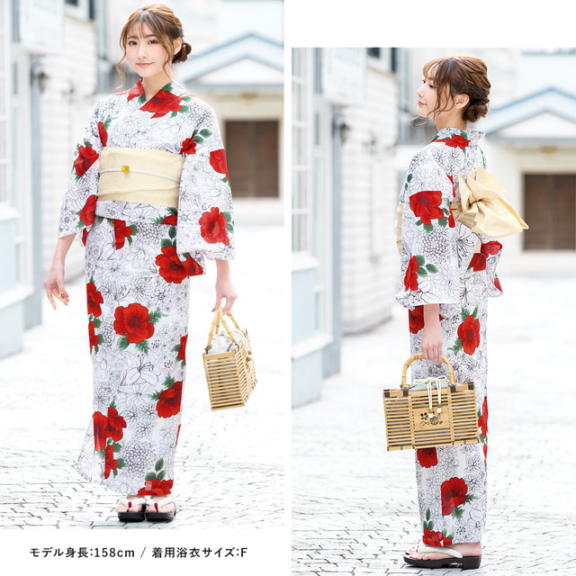 浴衣セット レディース レトロ 浴衣セット 大人 3点セット ホワイト 白