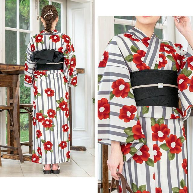 浴衣セット レディース レトロ 浴衣セット 大人 3点セット 白系 ホワイト 赤 灰色 黒 椿 花 縞 ストライプ モダン 変わり織り 夏祭り 花火大会 女性用 S・フリー 浴衣セット レディース レトロ 浴衣セット 大人 3点セット 白系