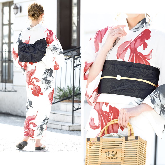 浴衣セット レディース レトロ 浴衣セット 大人 3点セット ホワイト 白 レッド 赤 グレー 灰色 金魚 キンギョ モダン 吸水速乾 CoolPass 変わり織り 夏祭り 花火大会 女性用 S・フリー 浴衣セット レディース レトロ 浴衣セット 大人 3点セット ホワイト 白