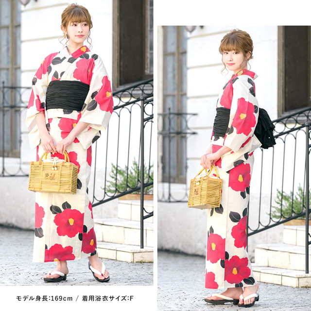 浴衣セット レディース レトロ 浴衣セット 大人 3点セット ホワイト 白 レッド 赤 黒 椿 ツバキ 花 フラワー 綿 夏祭り 花火大会 女性用 S・フリー 浴衣セット レディース レトロ 浴衣セット 大人 3点セット ホワイト 白