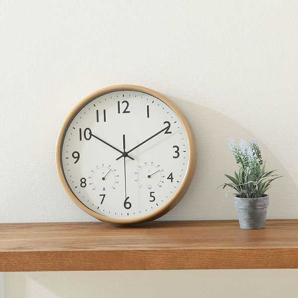 時計掛け時計静音温湿度計付きシンプルインテリア電池式ナチュラルブラウン見やすい掛時計温湿度計付ミエル直径25cm 