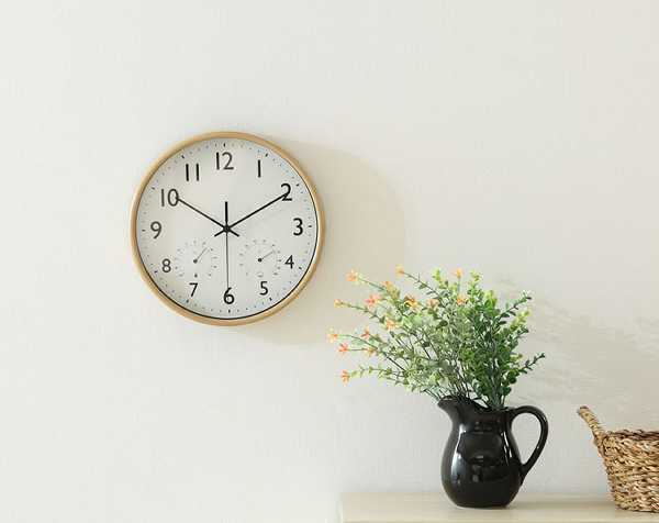 時計掛け時計静音温湿度計付きシンプルインテリア電池式ナチュラルブラウン見やすい掛時計温湿度計付ミエル直径25cm 