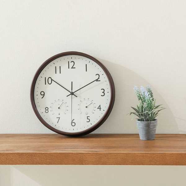 時計掛け時計静音温湿度計付きシンプルインテリア電池式ナチュラルブラウン見やすい掛時計温湿度計付ミエル直径25cm 