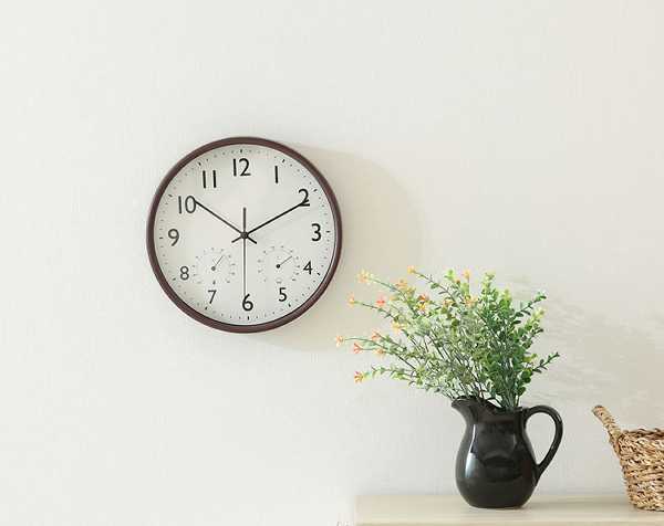 時計掛け時計静音温湿度計付きシンプルインテリア電池式ナチュラルブラウン見やすい掛時計温湿度計付ミエル直径25cm 