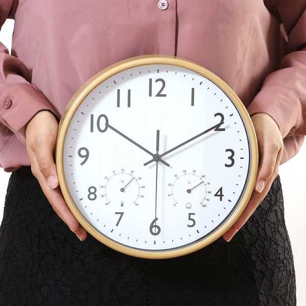 時計掛け時計静音温湿度計付きシンプルインテリア電池式ナチュラルブラウン見やすい掛時計温湿度計付ミエル直径25cm 