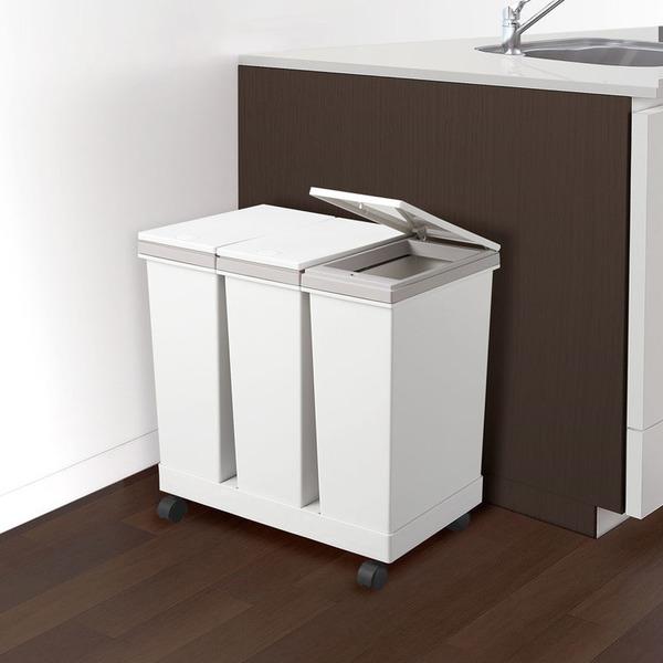ゴミ箱屋内ペールキッチンダストボックス横型キャスター付スタイリッシュ省スペースゴミの分別3分別横型3分別ワゴンペールホワイト 