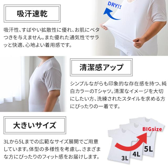 大きいサイズ 半袖 丸首 クルーネック メンズ 綿100 3L〜5L