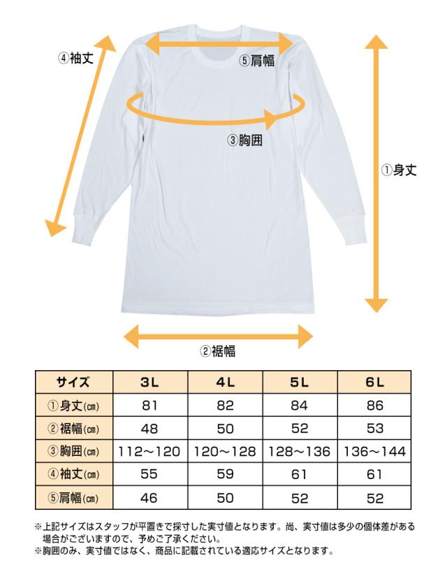 綿100% 長袖 丸首 シャツ 2枚組 フライス 3L 4L 5L 6L