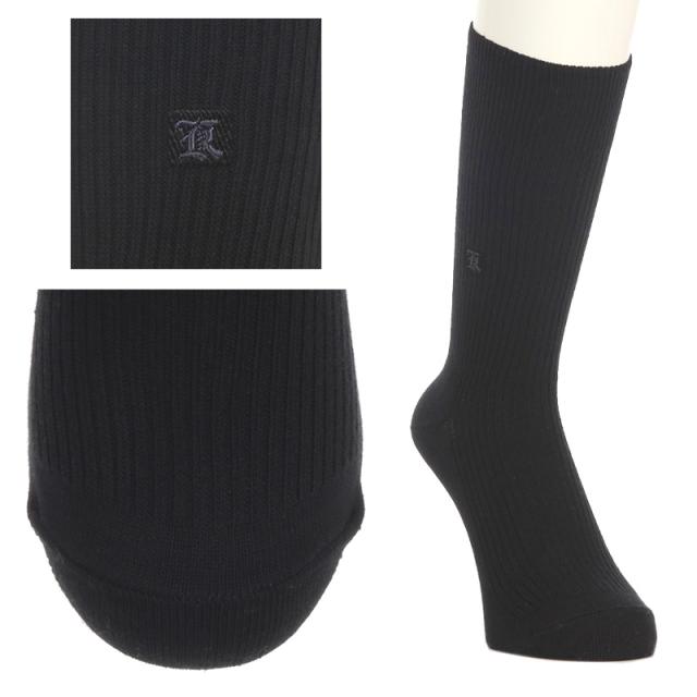 ソックス メンズ 靴下 ワンポイント刺繍 リブソックス ビジネスソックス 紳士 K刺繍 クルーソックス 2足組 24-26cm・26-28cm