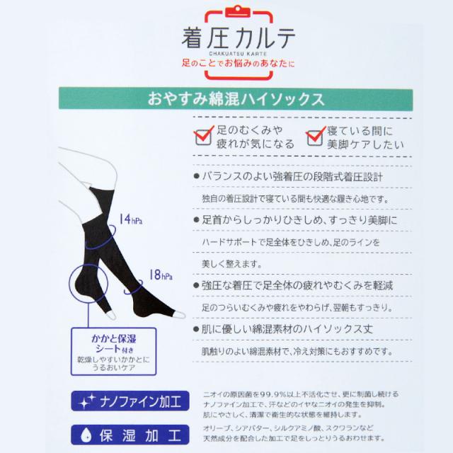 着圧ソックス 寝るとき 綿混 おやすみソックス 靴下 ハイソックス レディース オープントゥ S・M