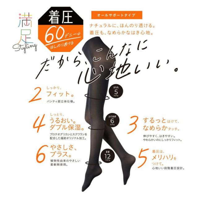 福助 満足 着圧タイツ 60デニール レディース S-M〜L-LL (在庫限り)