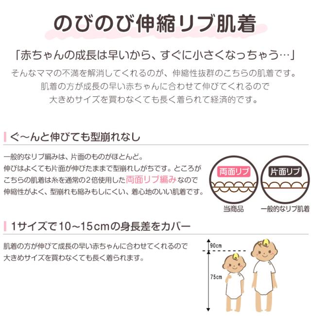 ロンパース 肌着 新生児 前開き 半袖 綿100% リブ 日本製 60-75cm〜90-100cm