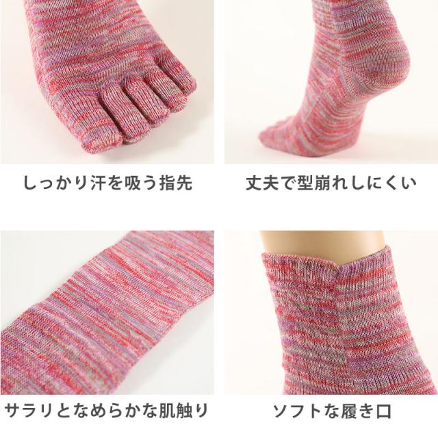 5本指ソックス レディース 口ゴム ゆったり 綿 5本指靴下 クルーソックス 22-24cm (在庫限り)