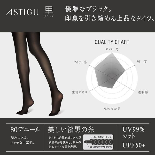 アスティーグ 黒 タイツ 80デニール レディース S-M〜L-LL