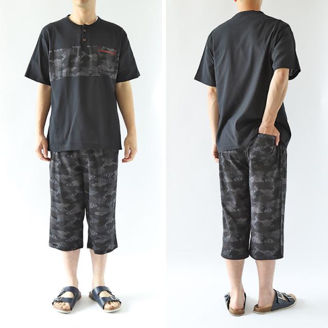 ヘンリーネック tシャツ メンズ 夏 半袖 綿100% 大きいサイズ 和柄 和風 M〜4L (在庫限り)