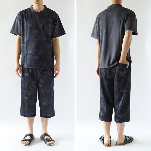 接触冷感 メンズ 半袖 ヘンリーネック 和柄 メンズ 夏 大きいサイズ 和風 M〜4L (在庫限り)