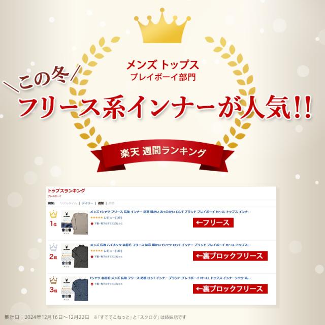 メンズ 長袖 ハイネック 裏起毛 フリース 防寒 暖かい tシャツ ロンT インナー ブランド プレイボーイ M〜LL (在庫限り)