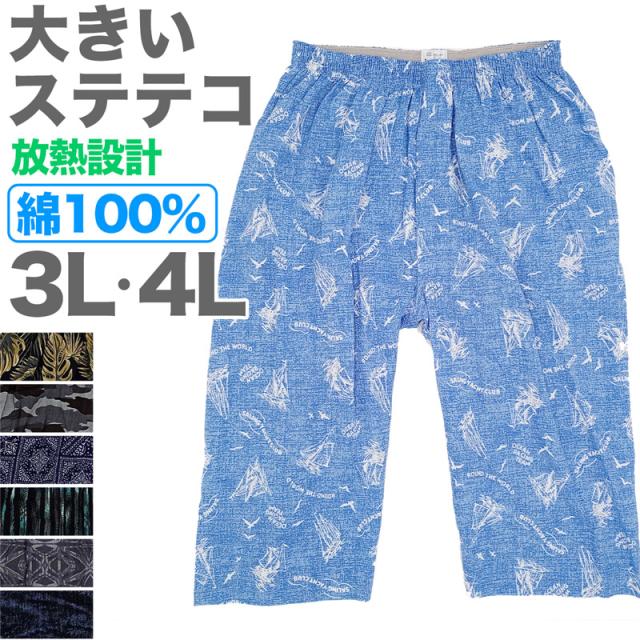 ステテコ メンズ 綿100% 夏 大きいサイズ クレープ 前開き 涼しい パジャマ 部屋着 ルームウェア ズボン下 3L・4L