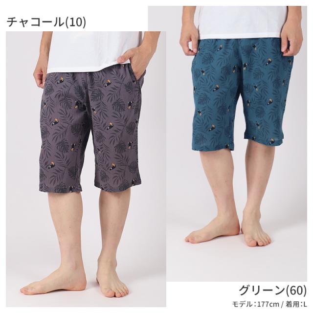リラックスパンツ 綿100 メンズ 鳥柄 半ズボン 夏 パジャマ M L LL (在庫限り)