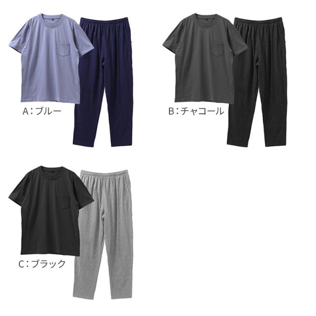 パジャマ メンズ 半袖 上下セット 綿100 天竺 5分丈パンツ 無地 前とじ M L LL