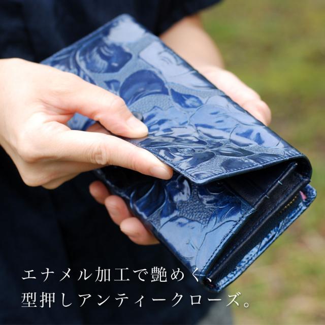 長財布 フラップ かぶせ バラ 花柄 エナメル 型押しレザー 大容量