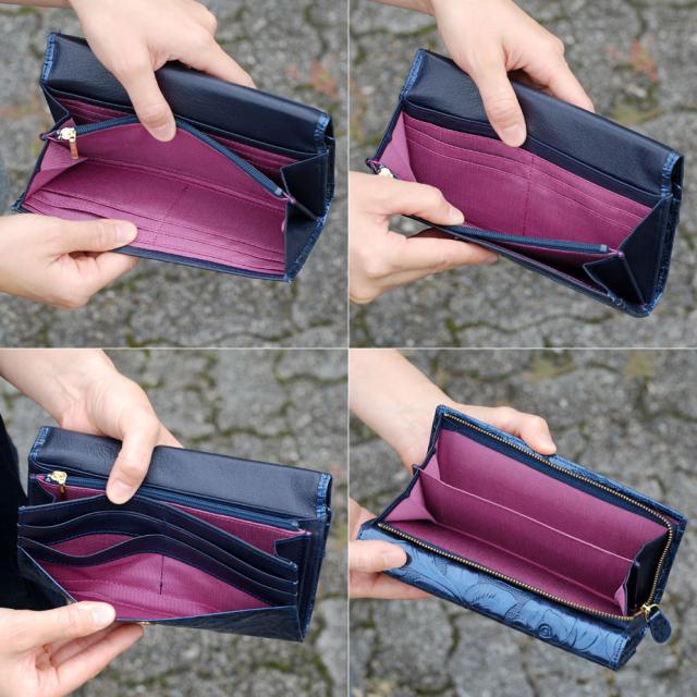 長財布 フラップ かぶせ バラ 花柄 エナメル 型押しレザー 大容量