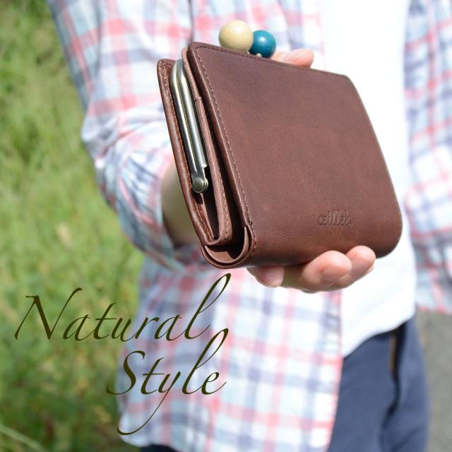 がま口財布 二つ折り財布 コンパクト 丸木玉 薄い ワックス