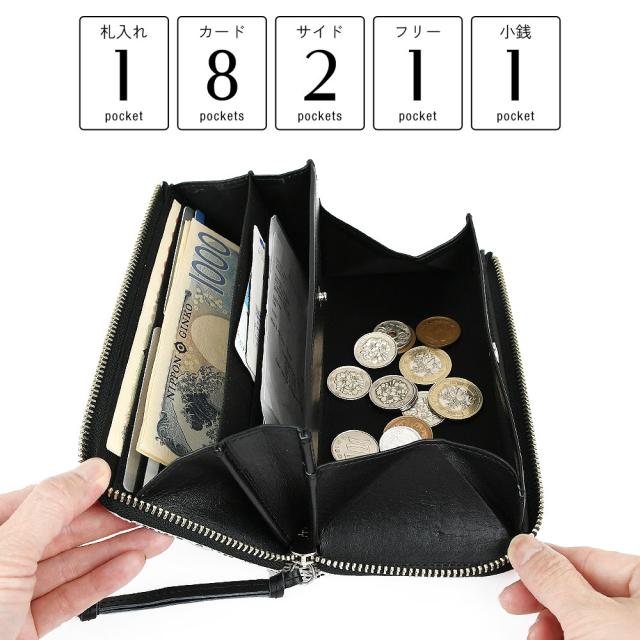 詳細 ポケットの数。札入れが1箇所。カードポケットが8箇所。サイドポケットが2箇所。フリーポケットが1箇所。ボックス型小銭入れが1箇所です。