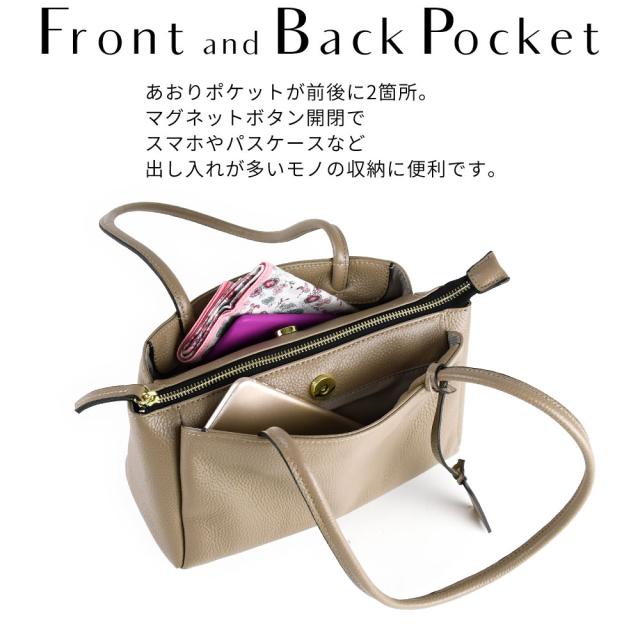 あおりポケットが前後に2箇所。マグネットボタン開閉でスマホやパスケースなど出し入れが多いモノの収納に便利です。