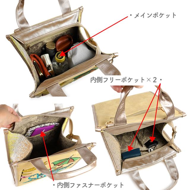 メインポケットはファスナー開閉で内側には2つのフリーポケットと1つのファスナーポケットがあります。