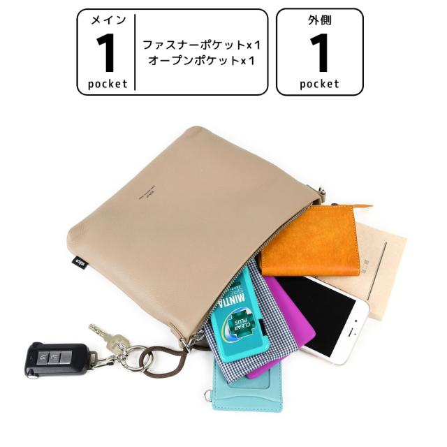 詳細 ポケットの数。メイン収納1箇所、内側にファスナーポケットが1箇所とオープンポケットが1箇所。外側にオープンポケットが1箇所です。