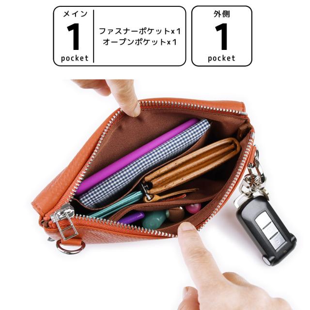 詳細 ポケットの数。メイン収納1箇所。内側にファスナーポケットが1箇所とオープンポケットが1箇所。外側にフラップポケットが1箇所です。