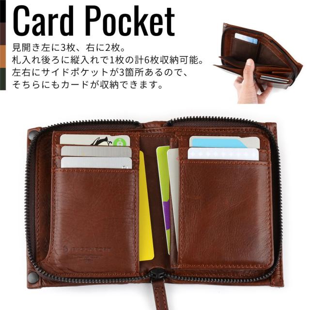 カードポケット 見開き左に3枚、右に2枚。札入れ後ろに縦入れで1枚の計6枚収納可能。左右にサイドポケットが3箇所あるので、そちらにもカードが収納できます。