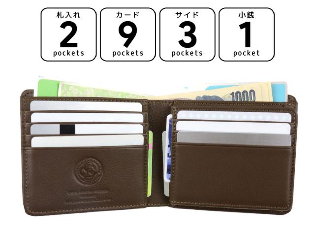 詳細 ポケットの数。札入れ2箇所、カードポケットが9箇所、サイドポケット3箇所、ボックス型小銭入れ１箇所です。