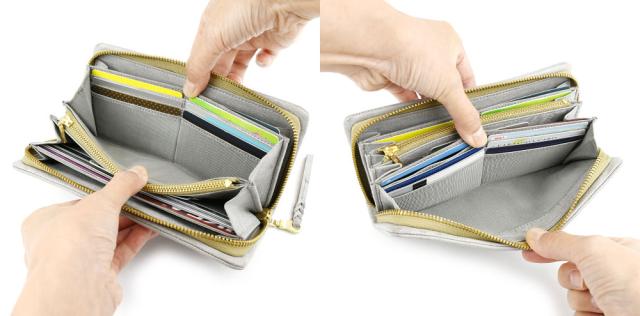 カードポケット カードポケットは4箇所のマチありポケットに各6枚とファスナーポケットのサイドに1枚、計25枚収納できます。