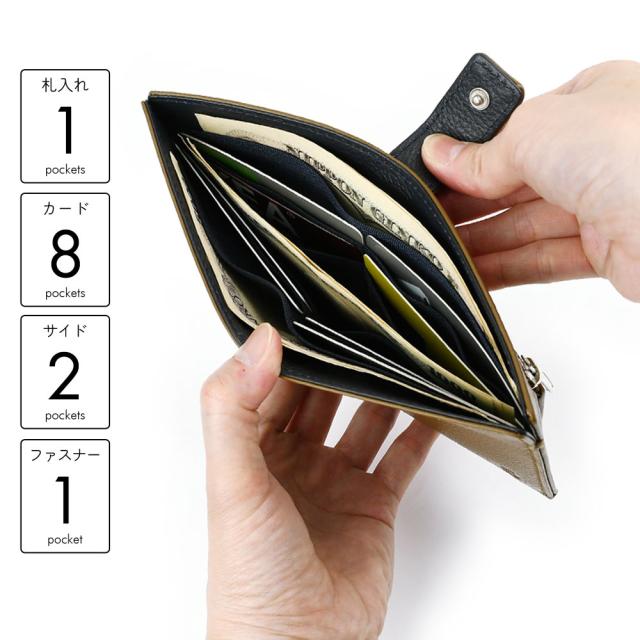 詳細 ポケットの数。札入れ1箇所。カードポケットが8箇所。サイドポケットが2箇所。外側ファスナーポケットが1箇所です。