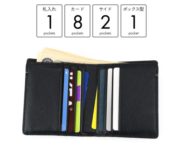 詳細 ポケットの数。札入れ1箇所。カードポケットが8箇所。サイドポケットが2箇所。外側ボックス型ポケットが1箇所です。