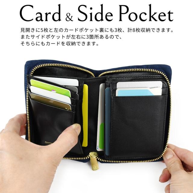 カードポケットとサイドポケット 見開きに5枚と左のカードポケット裏にも3枚、計8枚収納できます。またサイドポケットが左右に3箇所あるので、そちらにもカードを収納できます。