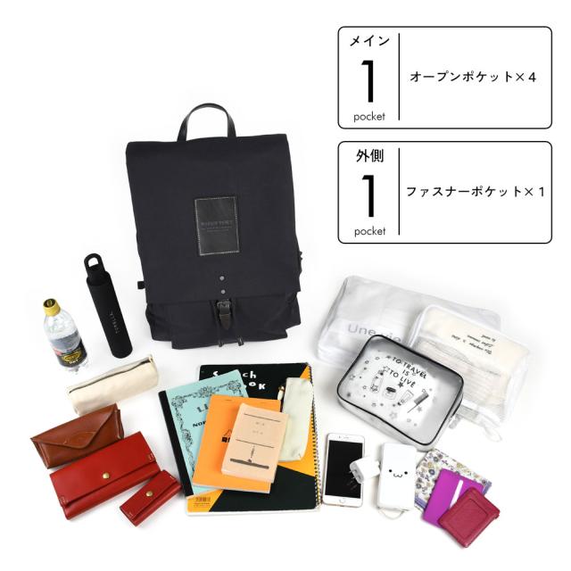 詳細 ポケットの数。メインポケットが1箇所。内側にはオープンポケットが4箇所。外側にファスナーポケットが1箇所です。