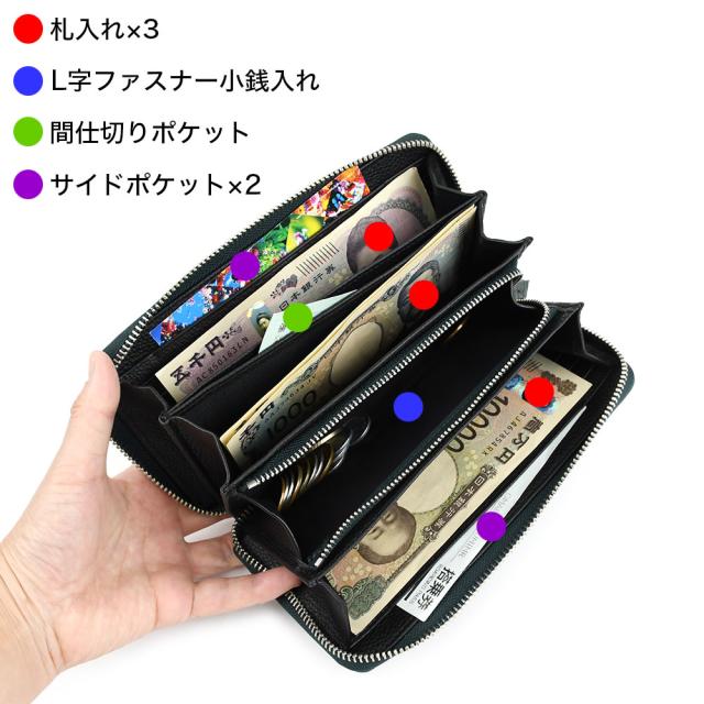 札入れが3つ、L字ファスナー小銭入れが1つ、間仕切りフリーポケットが1つ、サイドポケットが2つあります。