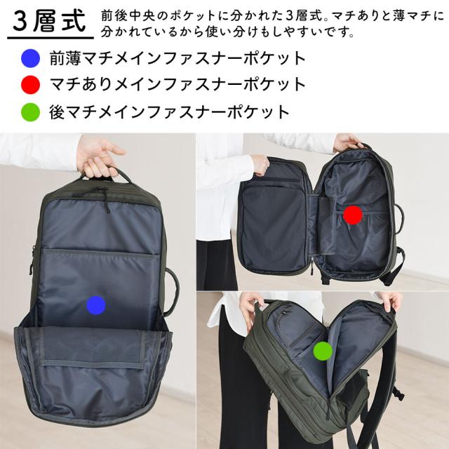 メインポケットは3層式でマチありと薄マチに分かれております。
