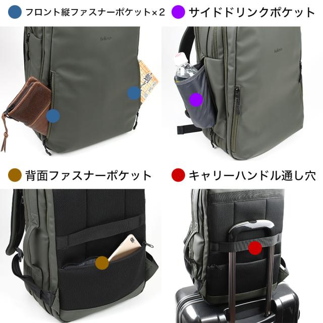 フロント、サイド、背面側にもファスナーポケットがあります。