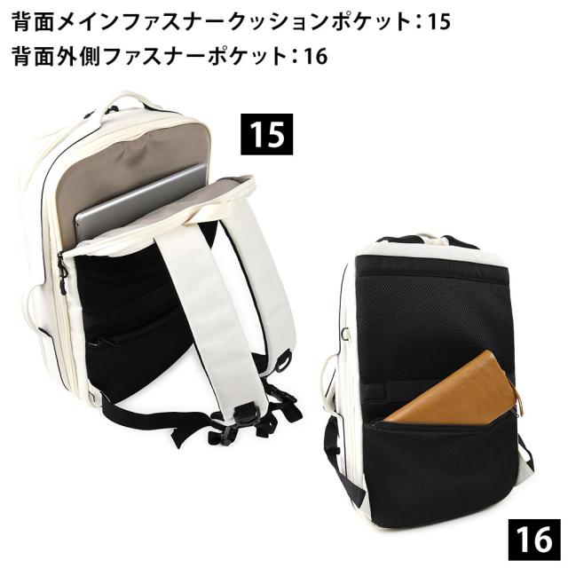 メインファスナーポケットの一番後ろ側は両面をクッションによりほどされた、ノートPCやタブレットも収納できるクッションポケットとなっております。