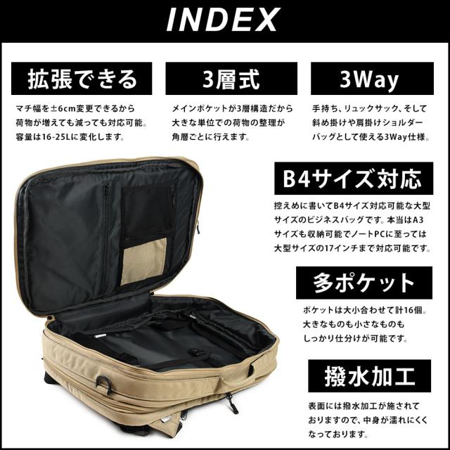 3層式3Way拡張式ビジネスリュック、フラックスの特徴をまとめています。