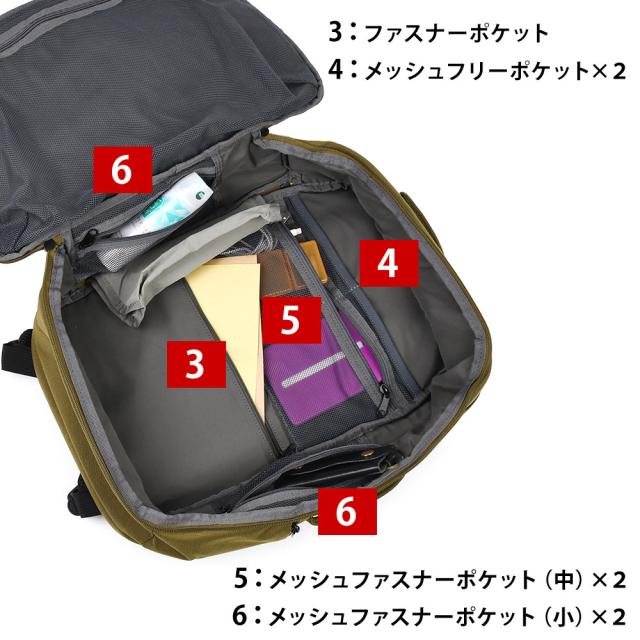 メインポケット内には細やかに仕切られた多くのポケットがあります。