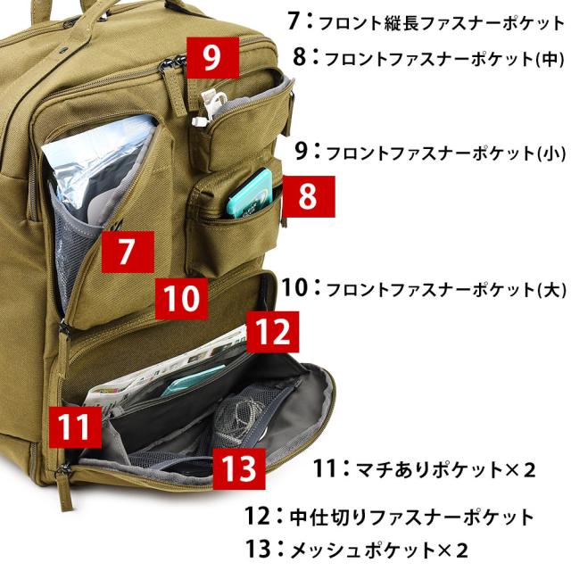 フロント外側にもグリッド状に張り巡らされた多くのポケットにより仕分けして荷物を管理できます。